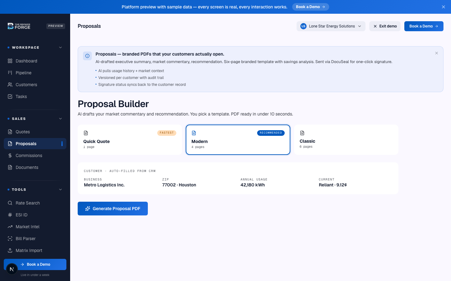 Proposal builder — sections on the left, live preview on the right.