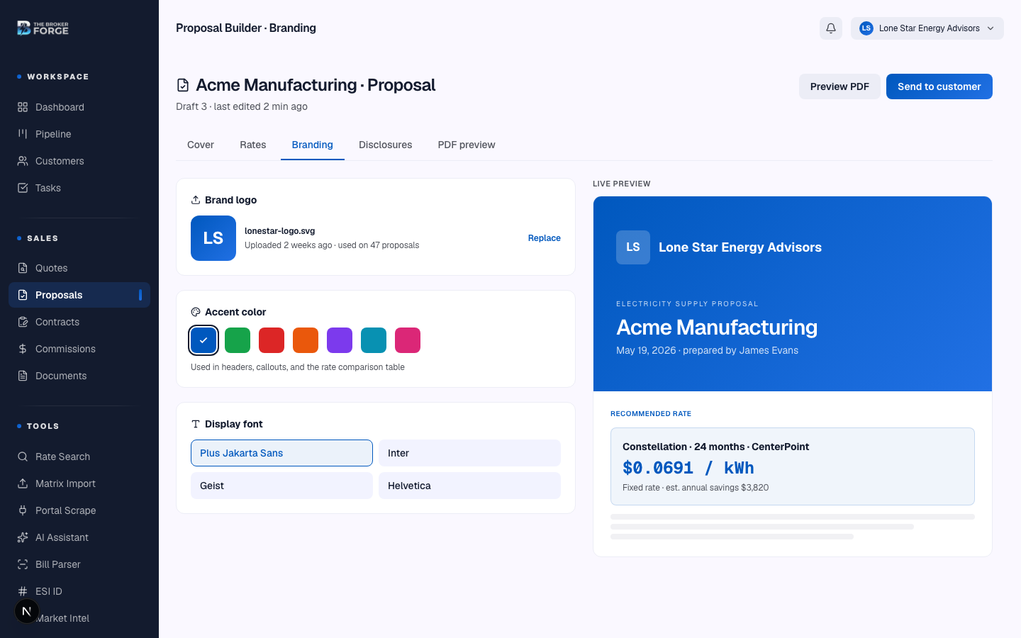 Branding panel — overrides apply only to this proposal.