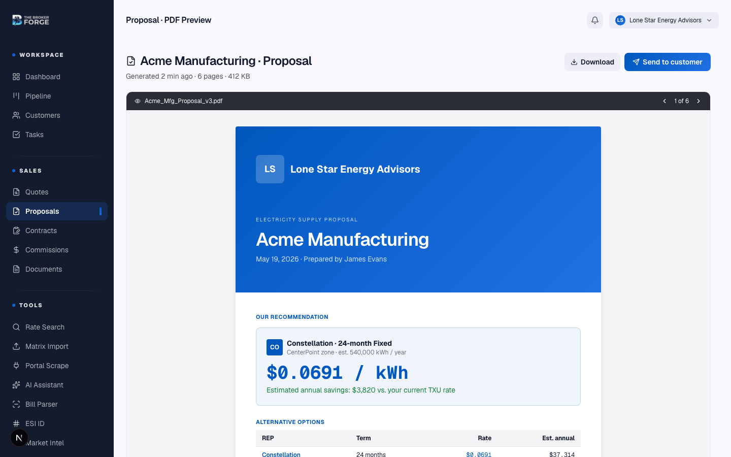 Generated proposal — branded, paginated, with a stable URL for revisits.