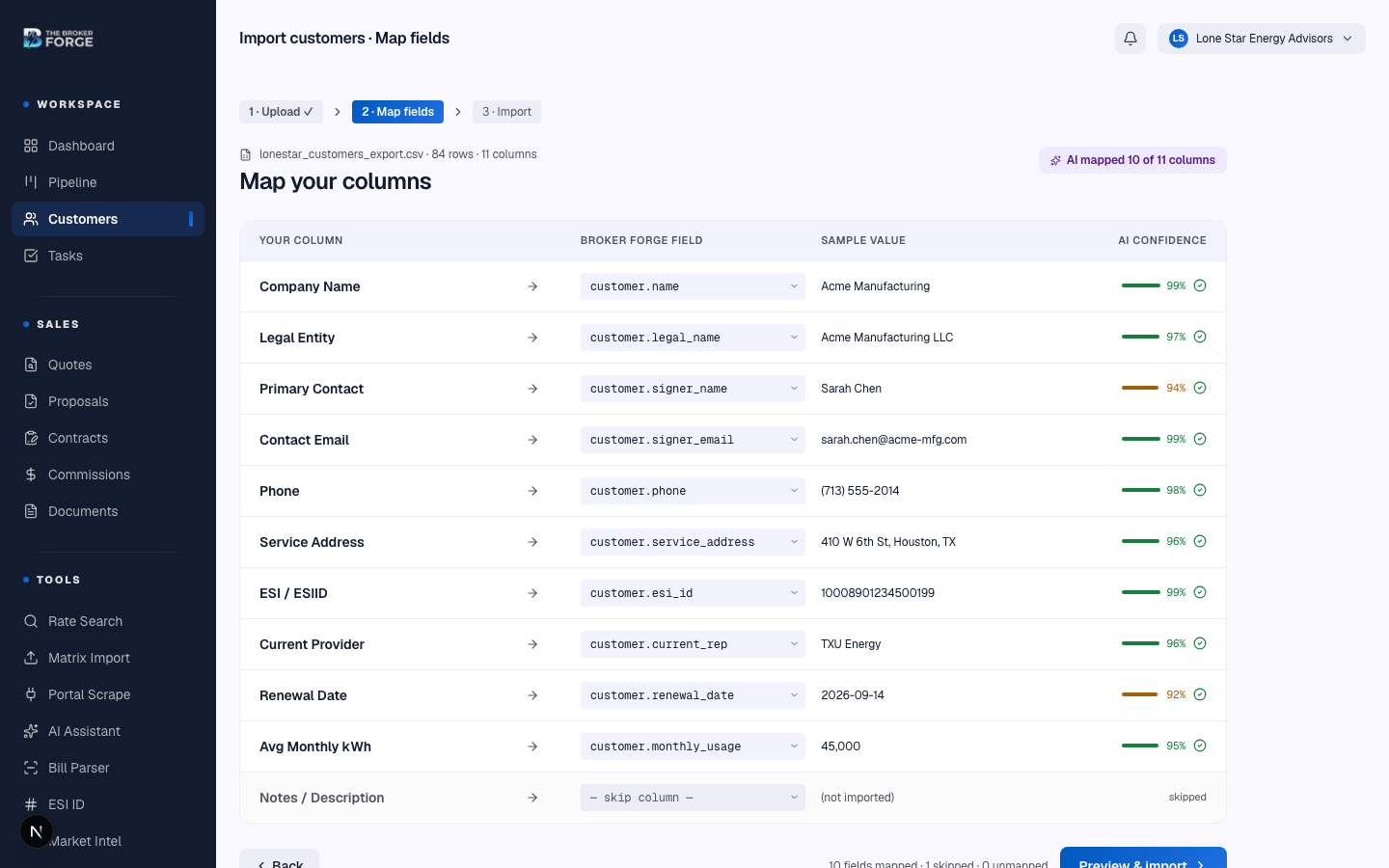 AI-suggested mappings on the left, your columns on the right. Override any guess.