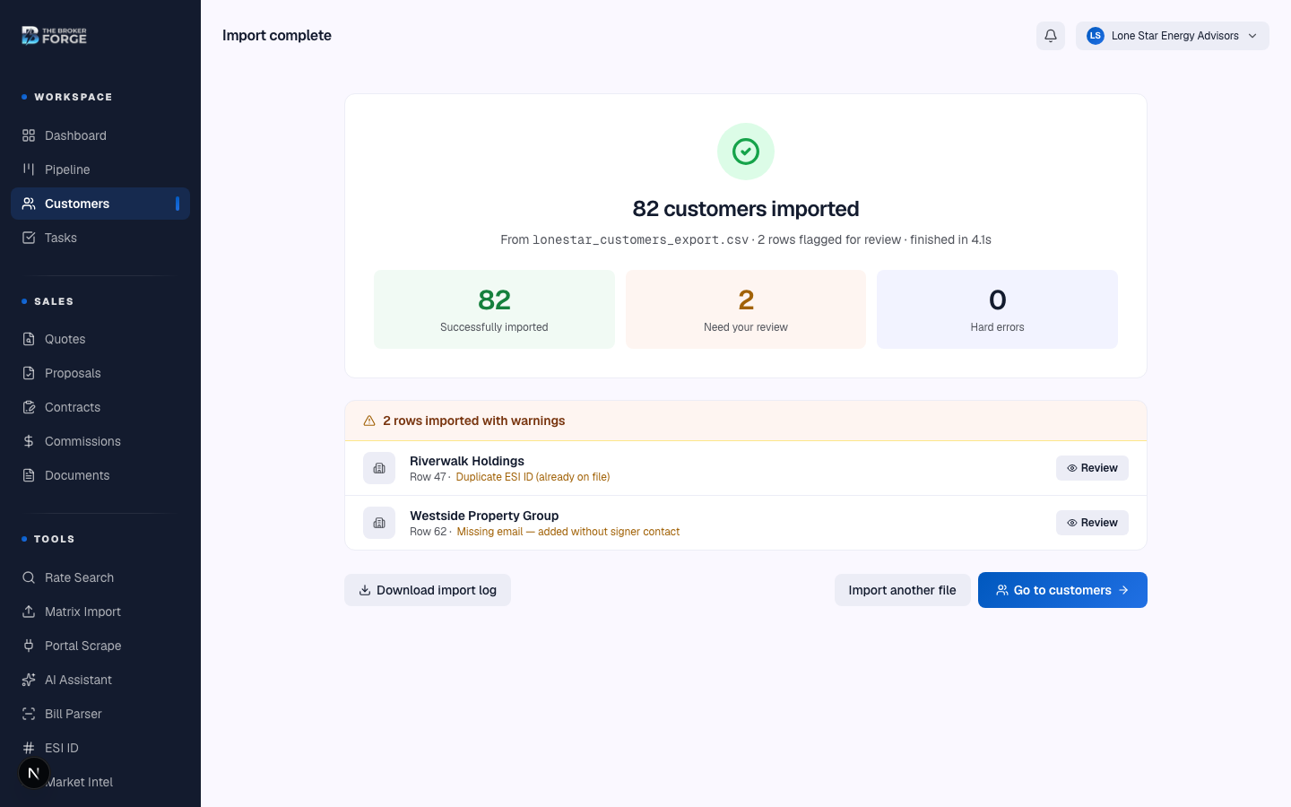 Final result screen — counts of imported, skipped, and errored rows.