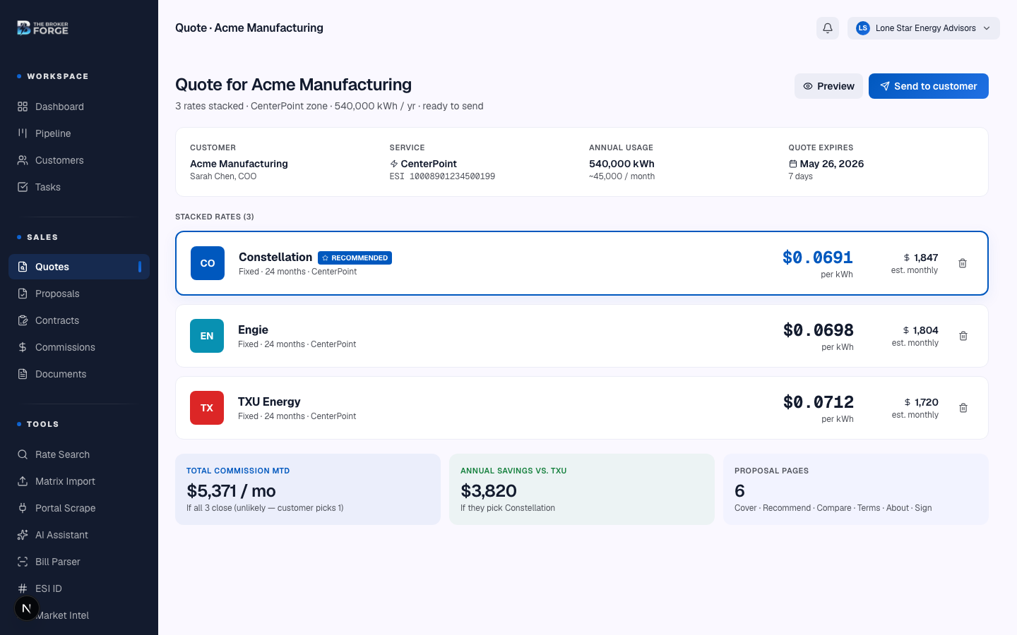 The quote builder lets you adjust your margin per term before generating a proposal.