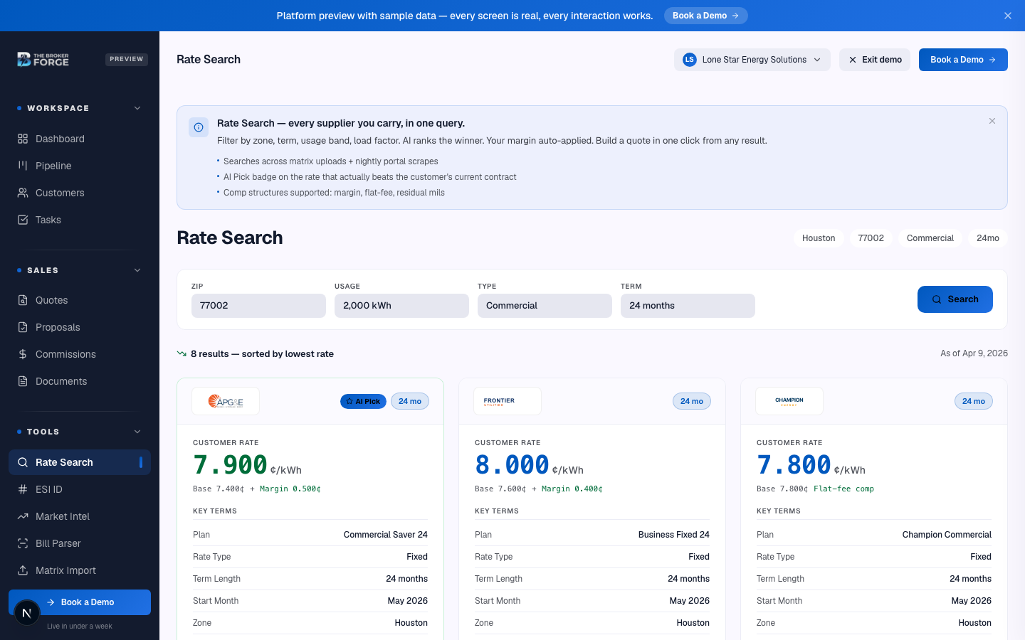 The rate search form — five fields, one click.