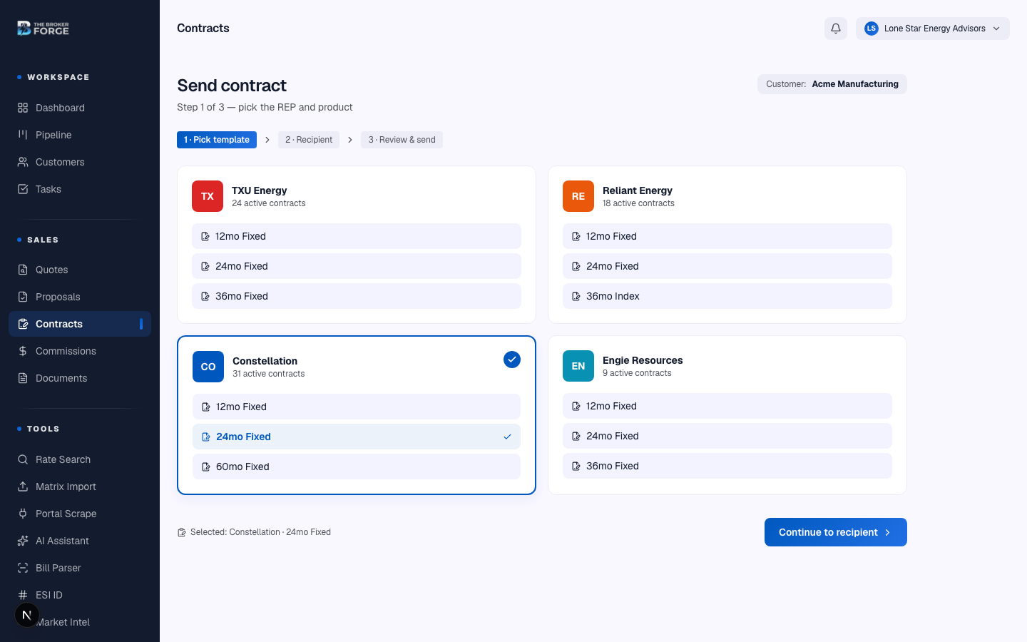 Template picker — search by REP or document type.